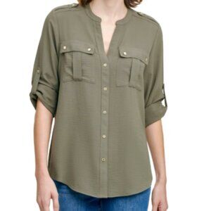 Calvin Klein Textured Roll Tab Button Down Shirt Sz L Green "Caper" 316H